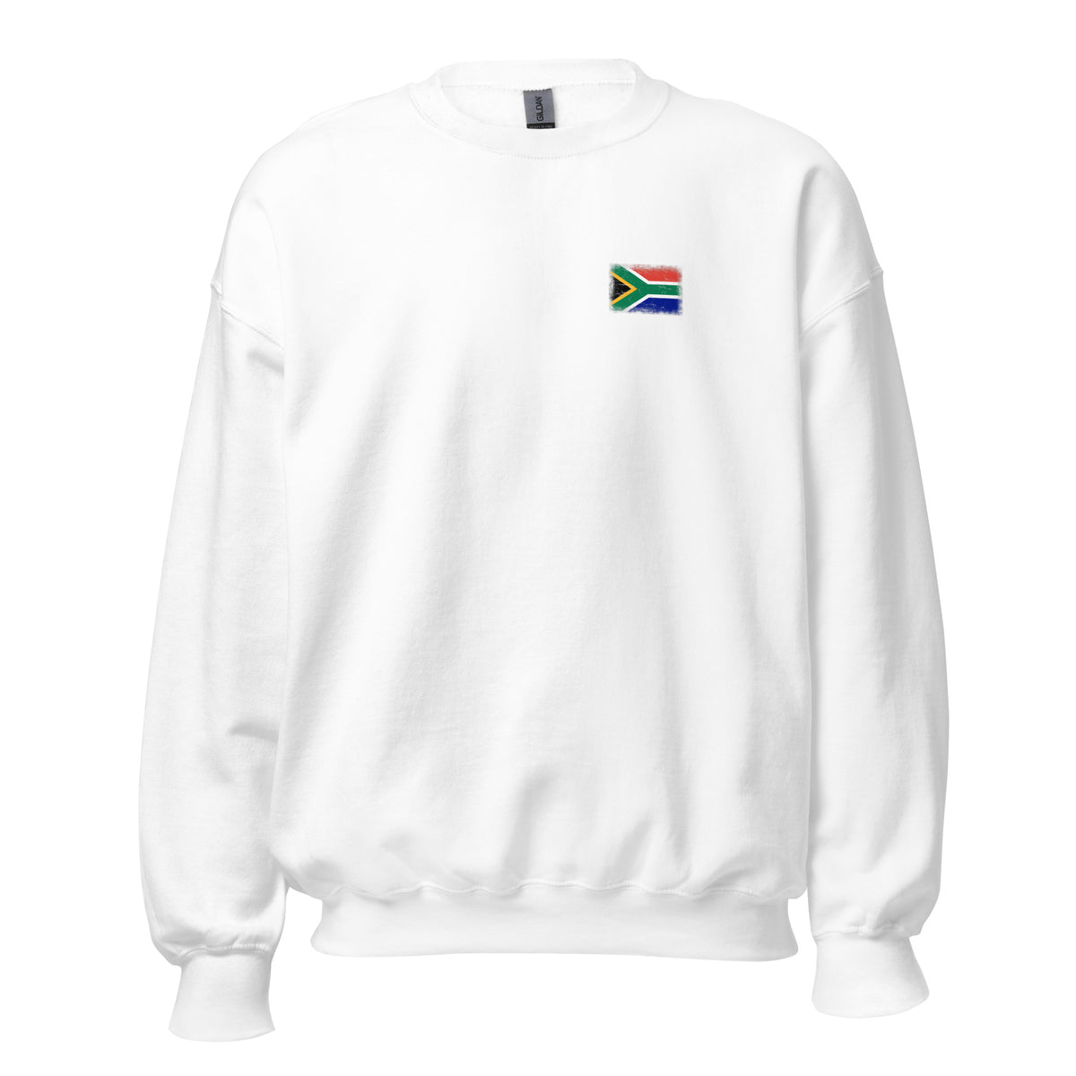 South Africa flag crew sweatshirt in White, vintage-washed print, small flag on the left chest, unisex cut, front view