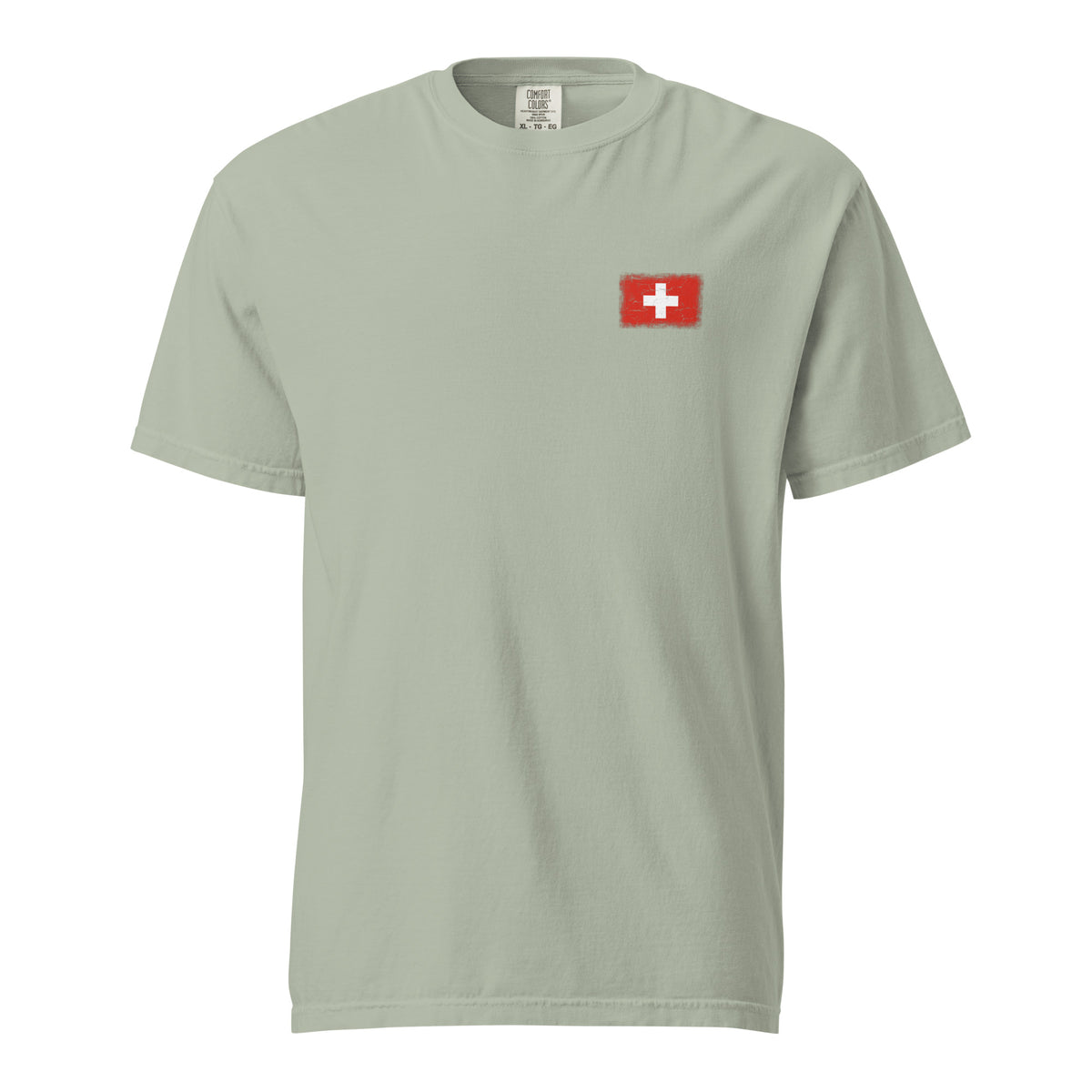 Switzerland flag t-shirt in Bay, vintage-washed print, small flag on the left chest, unisex cut, front view