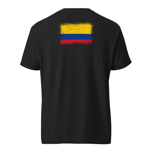Colombia flag t-shirt in Black, vintage-washed print, flag across the upper back, unisex cut, back view
