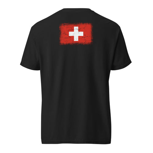 Switzerland flag t-shirt in Black, vintage-washed print, flag across the upper back, unisex cut, back view