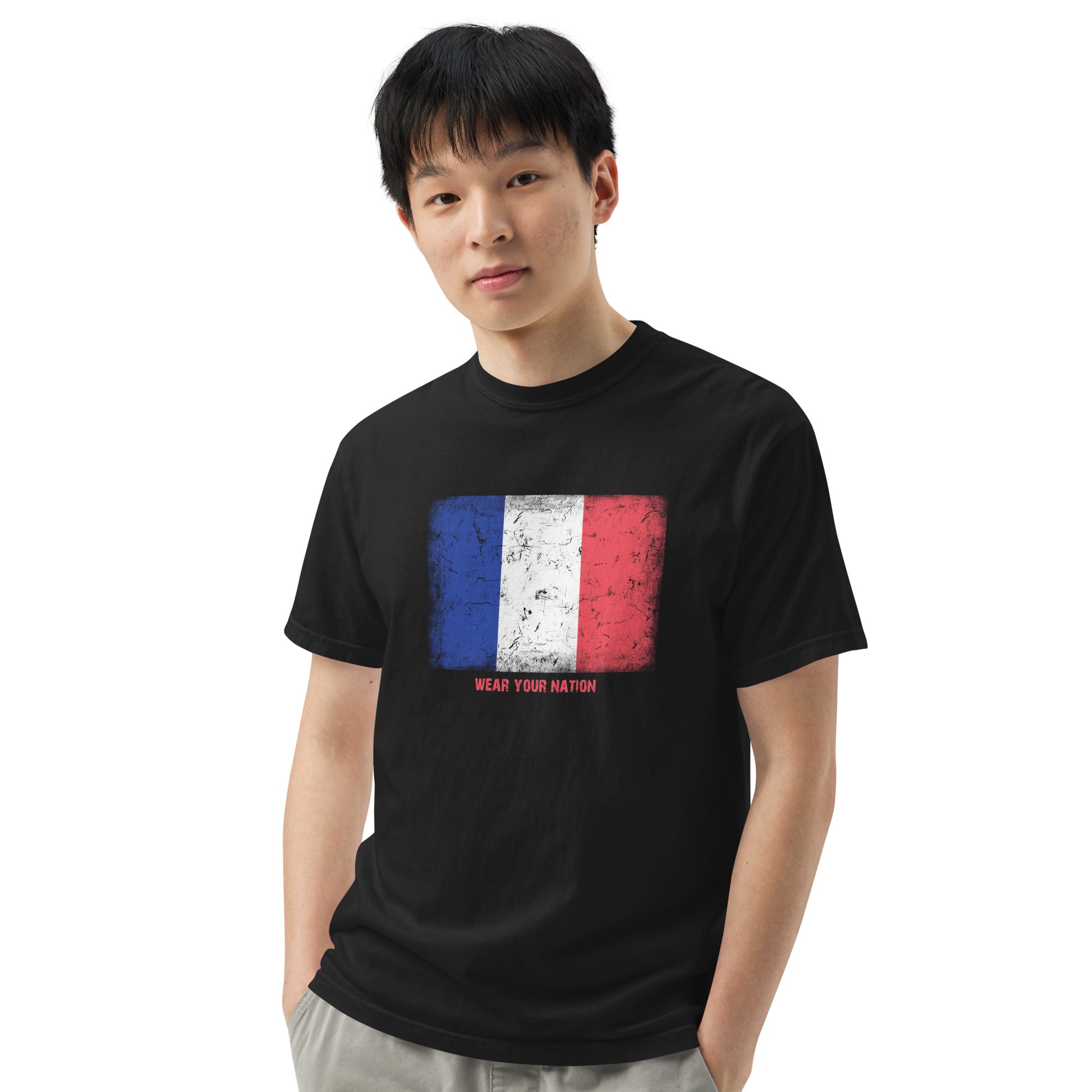 France flag T-shirt by Vexillum Wear — distressed France flag print on a heavyweight garment-dyed cotton tee (Colors of Home)