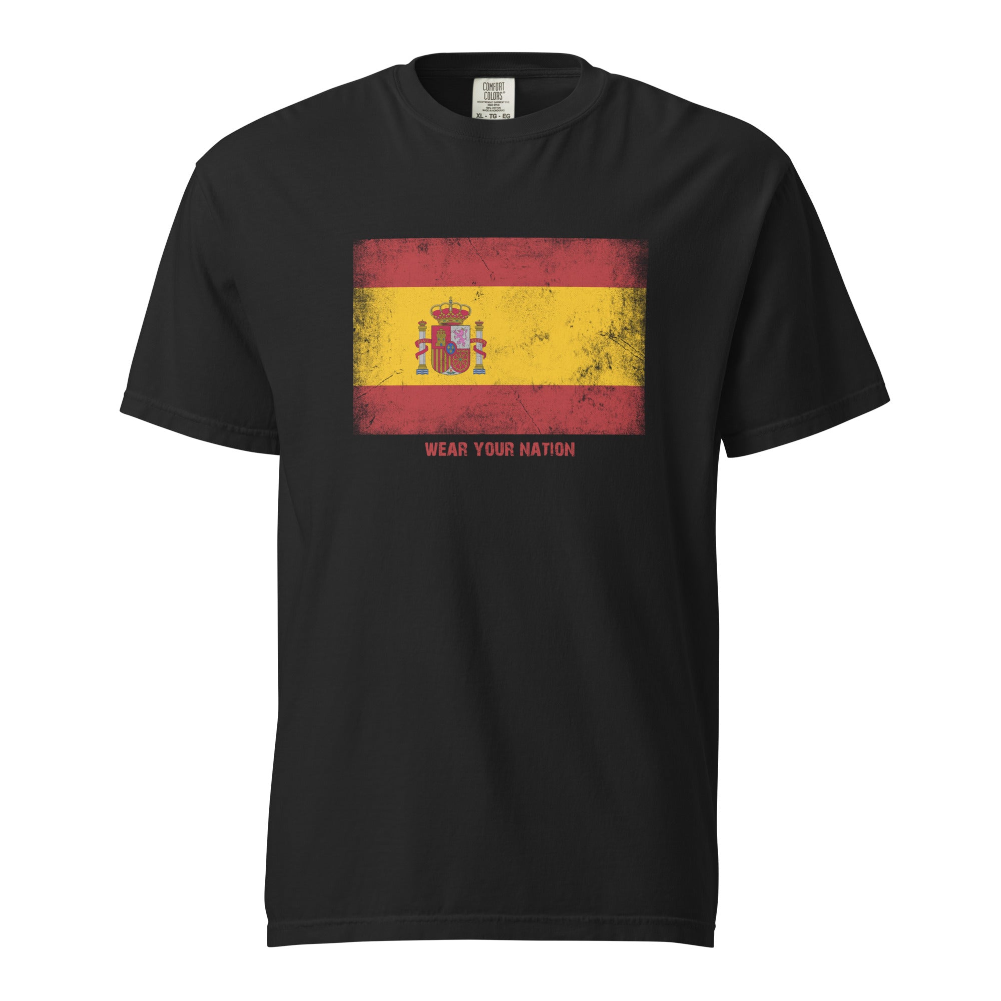 Spain flag T-shirt by Vexillum Wear — distressed Spain flag print on a heavyweight garment-dyed cotton tee (Colors of Home)