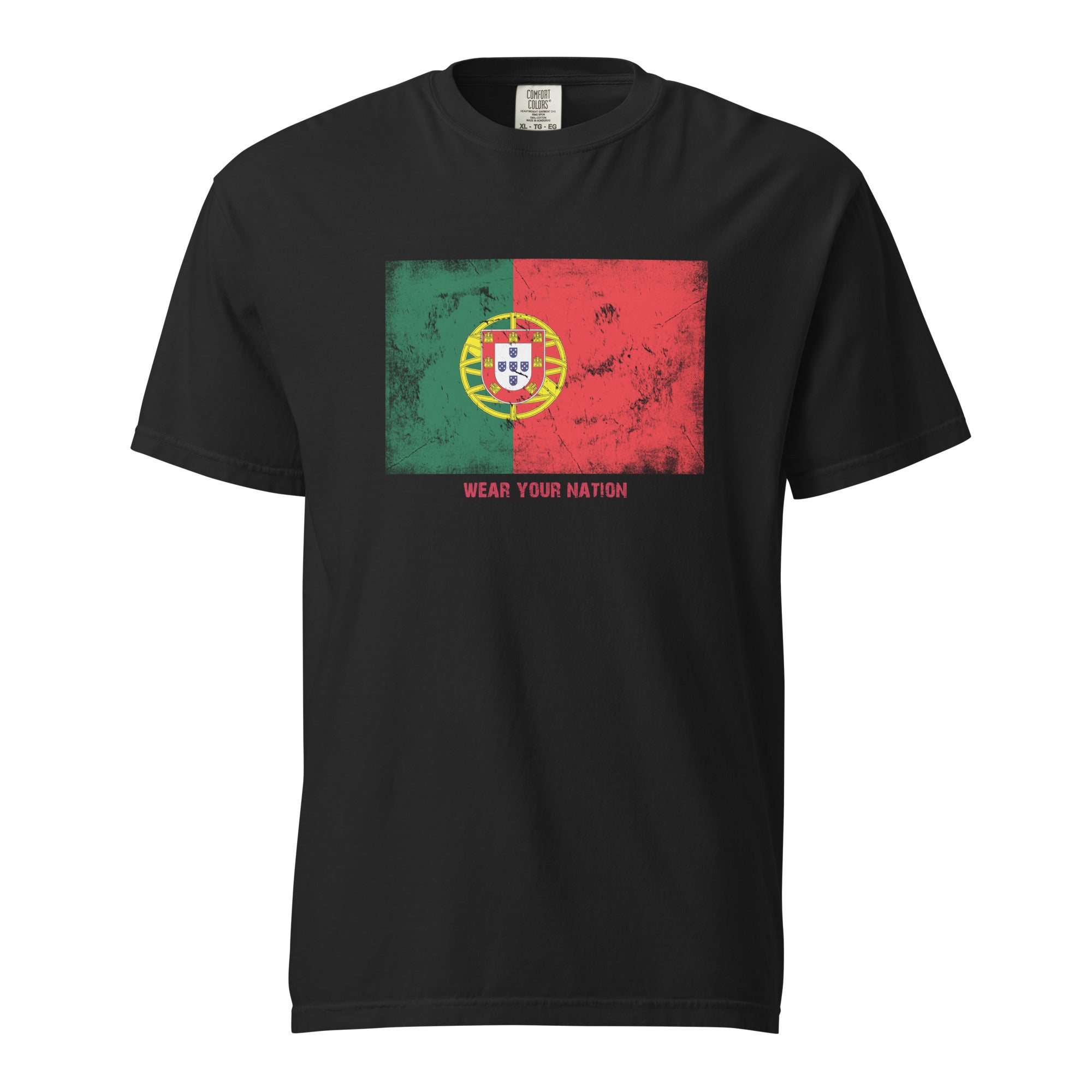Portugal flag T-shirt by Vexillum Wear — distressed Portugal flag print on a heavyweight garment-dyed cotton tee (Colors of Home)