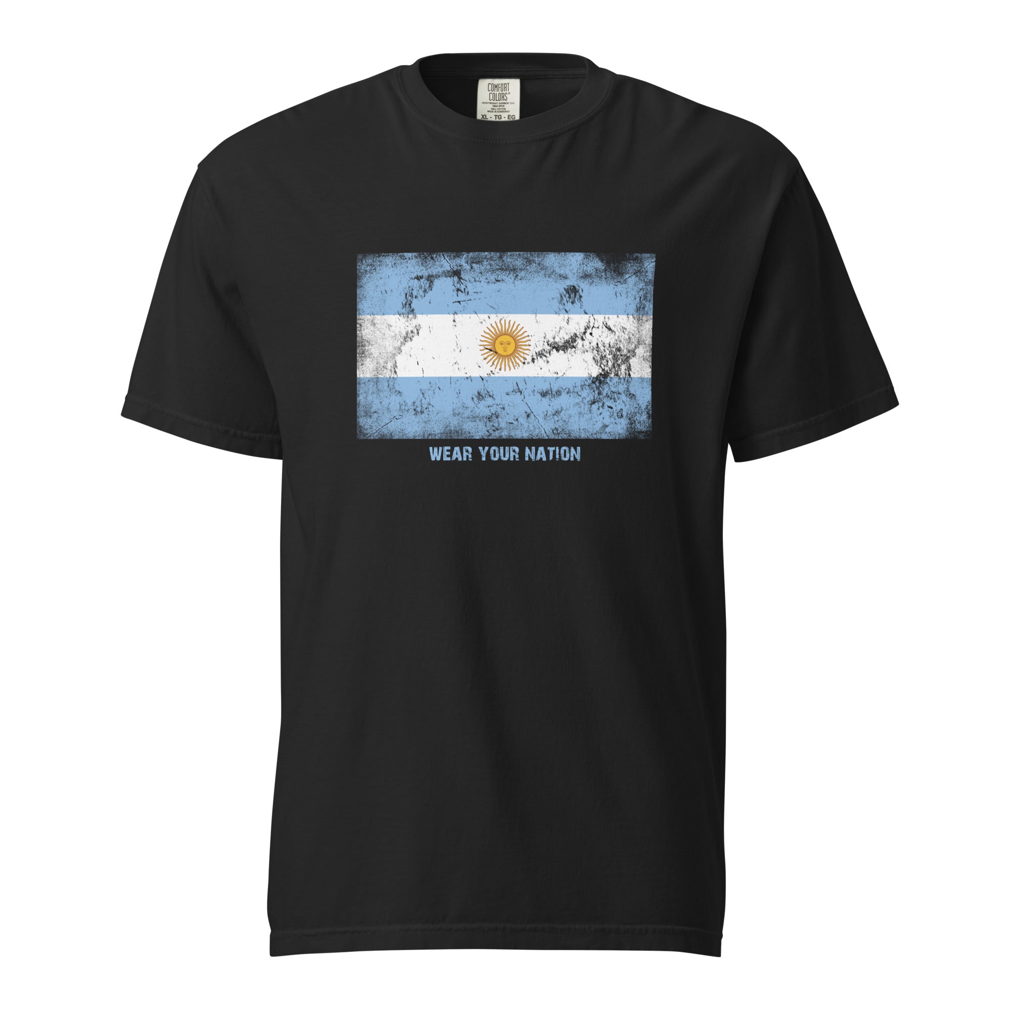 Argentina flag T-shirt by Vexillum Wear — distressed Argentina flag print on a heavyweight garment-dyed cotton tee (Colors of Home)