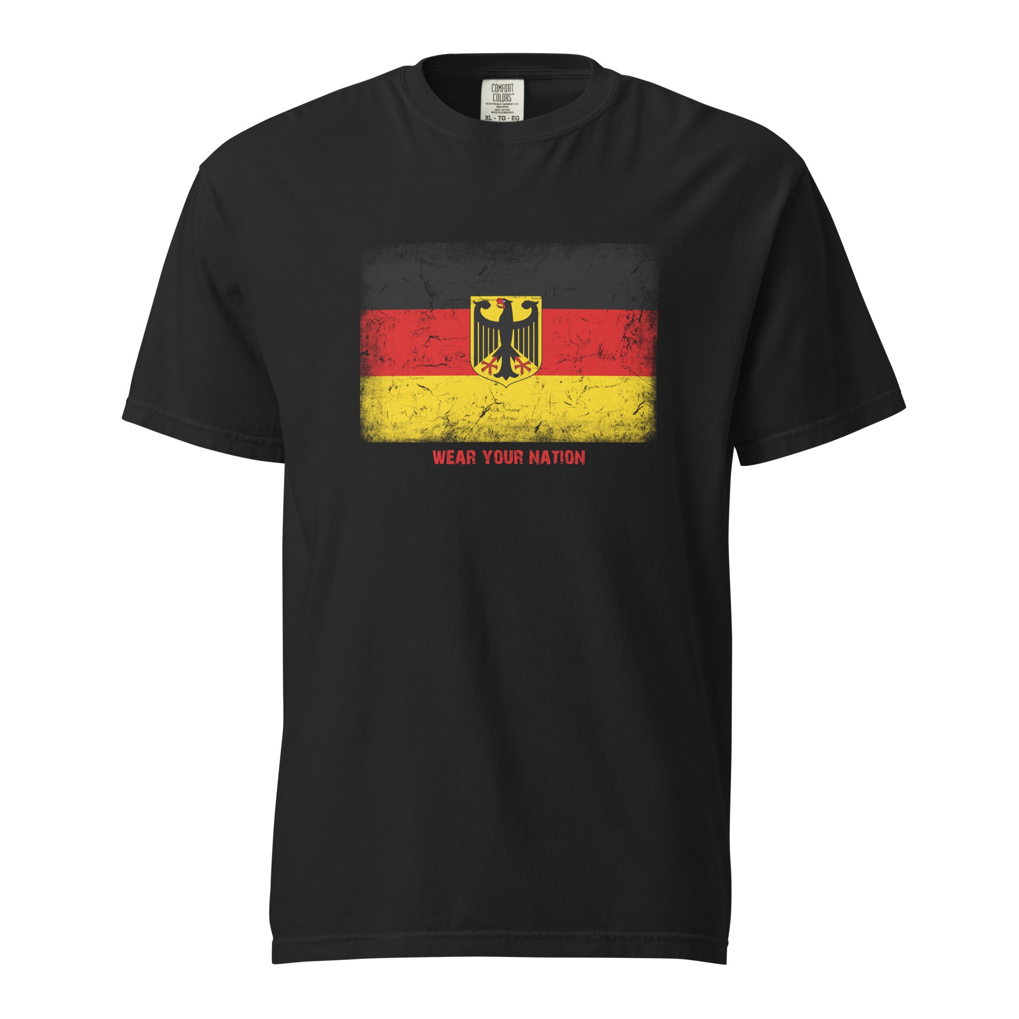 Germany flag T-shirt by Vexillum Wear — distressed Germany flag print on a heavyweight garment-dyed cotton tee (Colors of Home)
