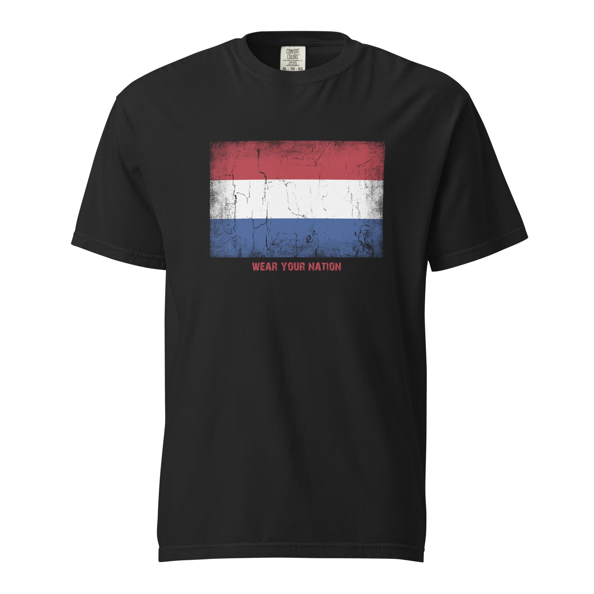 Netherlands flag T-shirt by Vexillum Wear — distressed Netherlands flag print on a heavyweight garment-dyed cotton tee (Colors of Home)