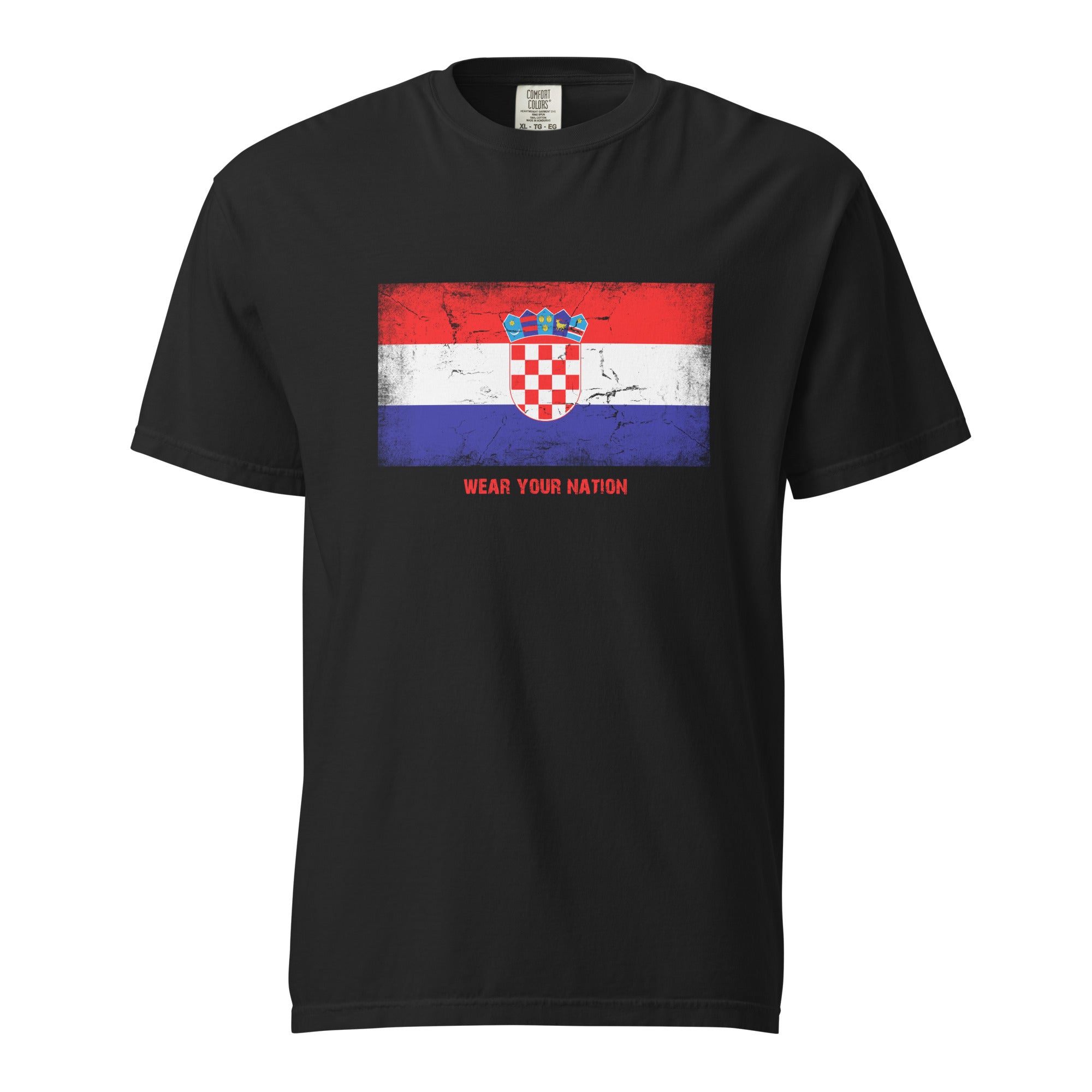 Croatia flag T-shirt by Vexillum Wear — distressed Croatia flag print on a heavyweight garment-dyed cotton tee (Colors of Home)