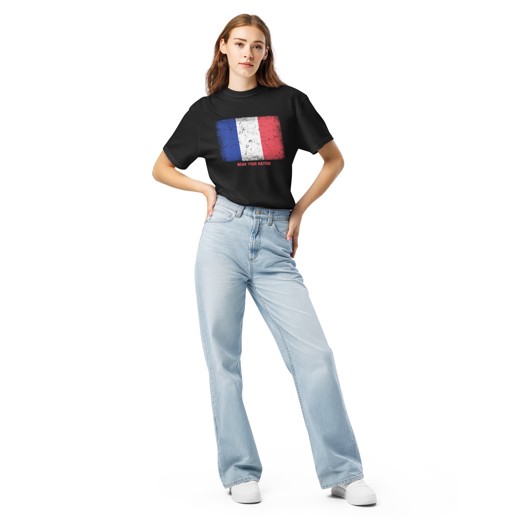 France flag T-shirt by Vexillum Wear — distressed France flag print on a heavyweight garment-dyed cotton tee (Colors of Home)