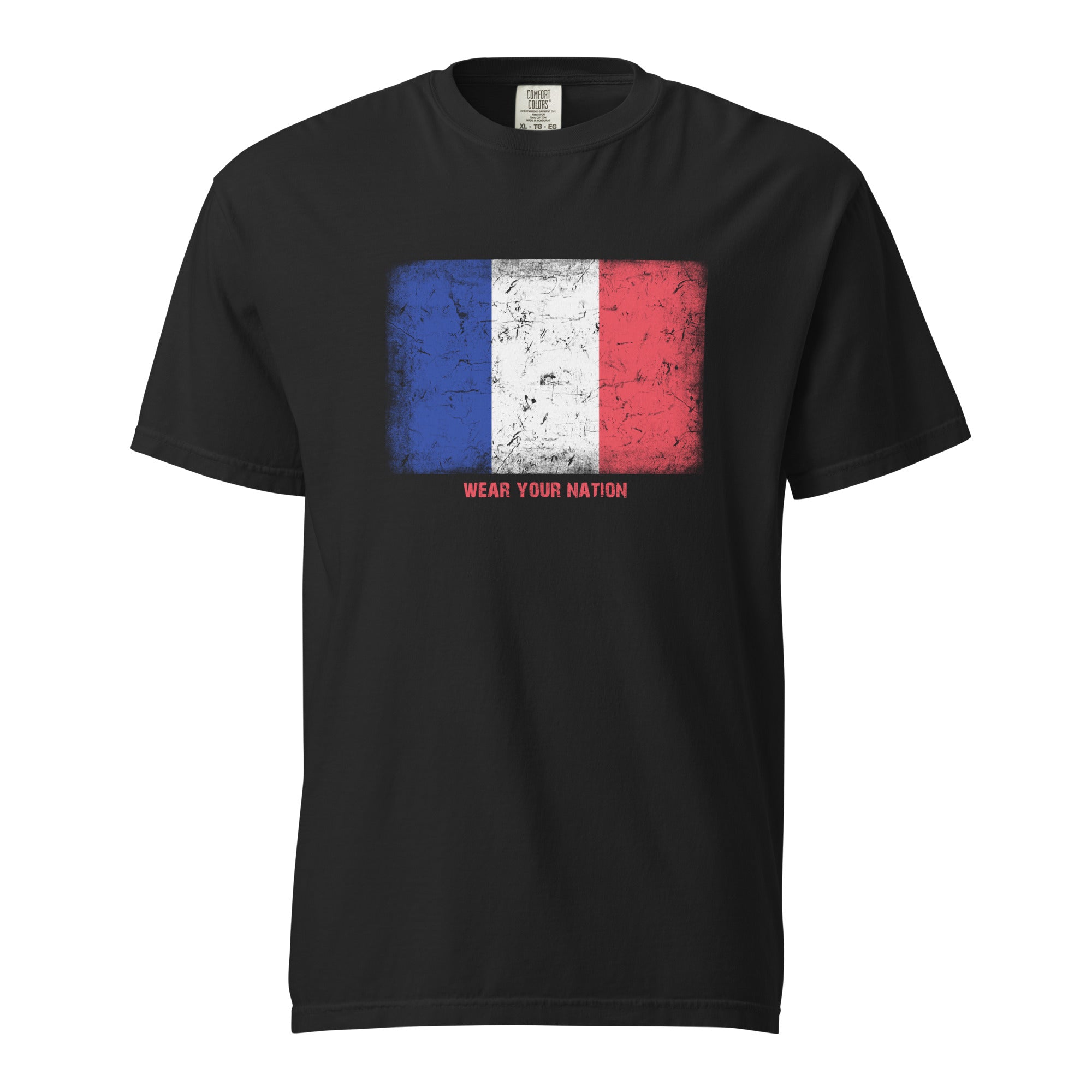 France flag T-shirt by Vexillum Wear — distressed France flag print on a heavyweight garment-dyed cotton tee (Colors of Home)