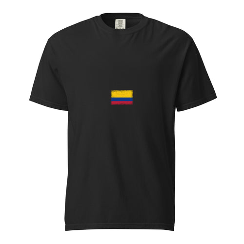 Colombia flag t-shirt in Black, vintage-washed print, small flag on the chest, unisex cut, front view