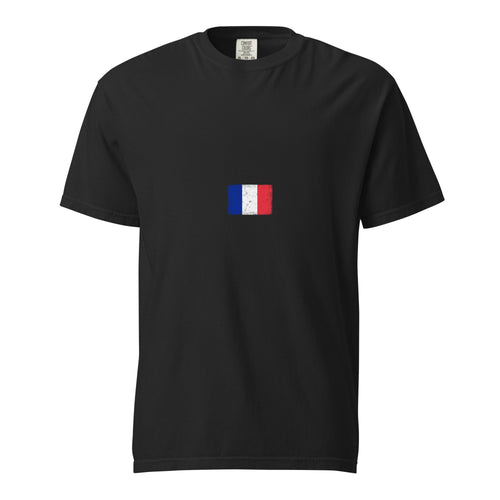 France flag t-shirt in Black, vintage-washed print, small flag on the chest, unisex cut, front view