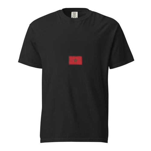 Morocco flag t-shirt in Black, vintage-washed print, small flag on the chest, unisex cut, front view