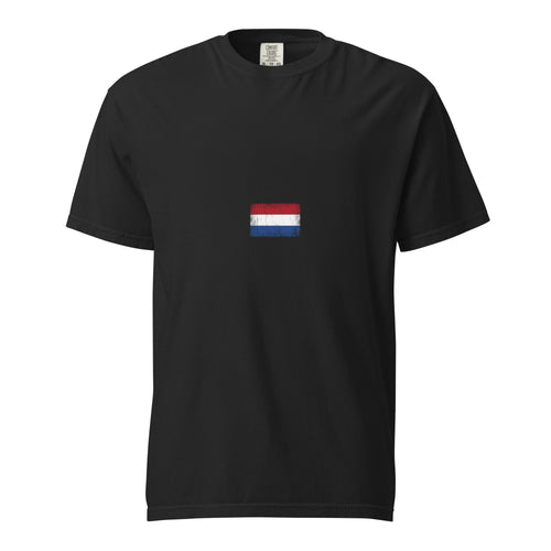 Netherlands flag t-shirt in Black, vintage-washed print, small flag on the chest, unisex cut, front view