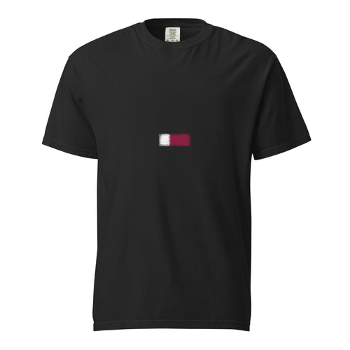 Qatar flag t-shirt in Black, vintage-washed print, small flag on the chest, unisex cut, front view