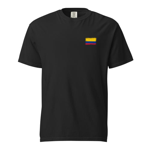 Colombia flag t-shirt in Black, vintage-washed print, small flag on the left chest, unisex cut, front view