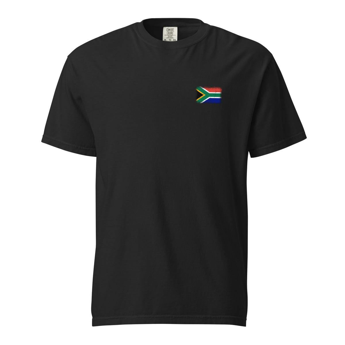 South Africa flag t-shirt in Black, vintage-washed print, small flag on the left chest, unisex cut, front view