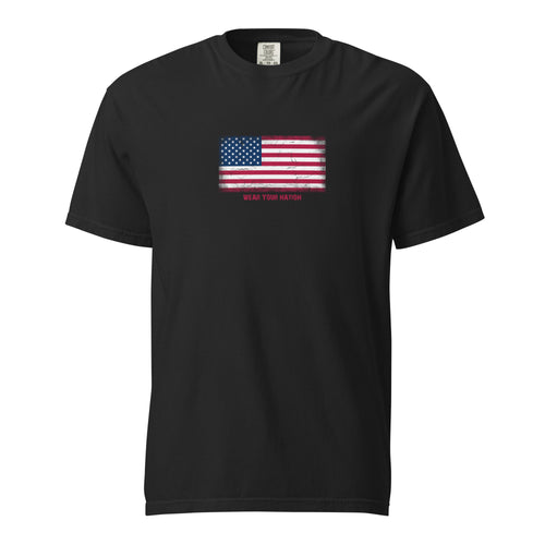 USA flag t-shirt in Black, vintage-washed print, large flag on the chest, unisex cut, front view
