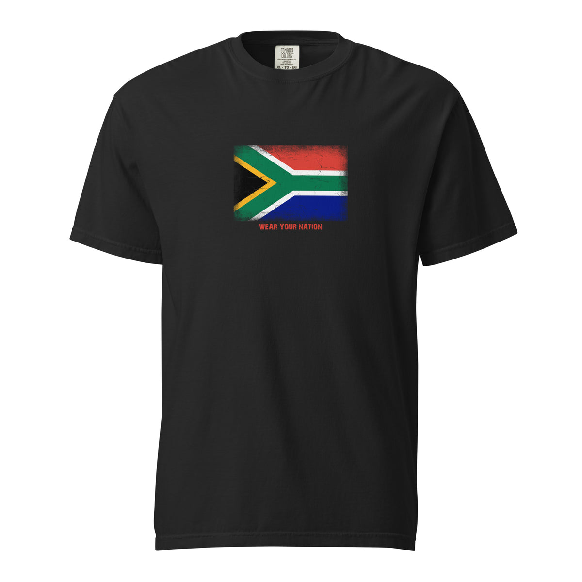 South Africa flag t-shirt in Black, vintage-washed print, large flag on the chest, unisex cut, front view