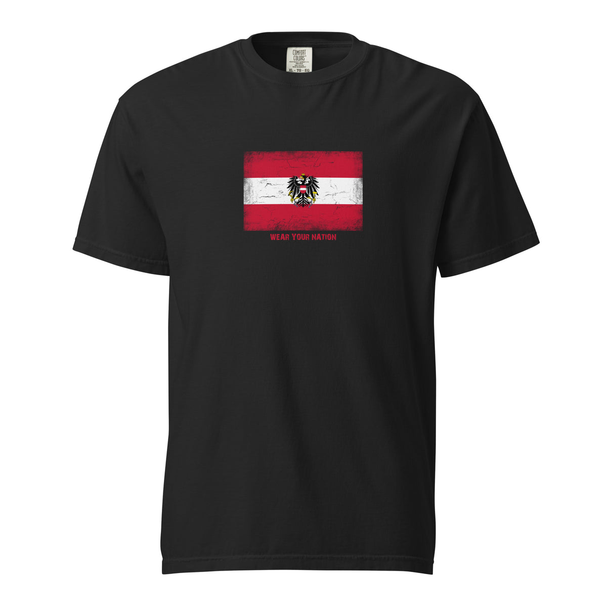 Austria flag t-shirt in Black, vintage-washed print, large flag on the chest, unisex cut, front view