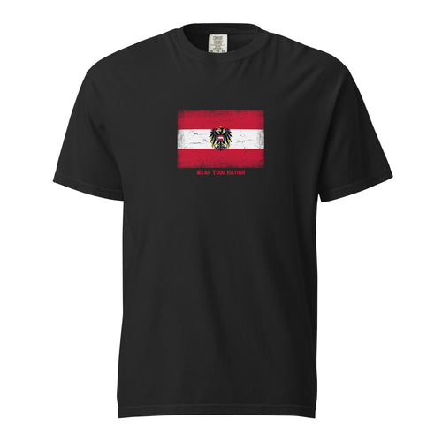 Austria flag t-shirt in Black, vintage-washed print, large flag on the chest, unisex cut, front view