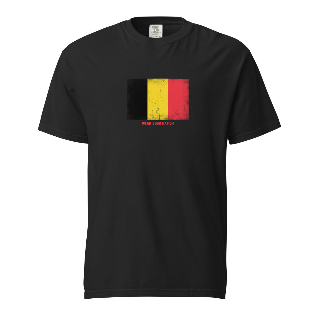 Belgium flag t-shirt in Black, vintage-washed print, large flag on the chest, unisex cut, front view
