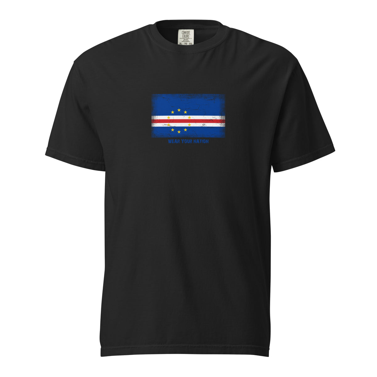 Cape Verde flag t-shirt in Black, vintage-washed print, large flag on the chest, unisex cut, front view