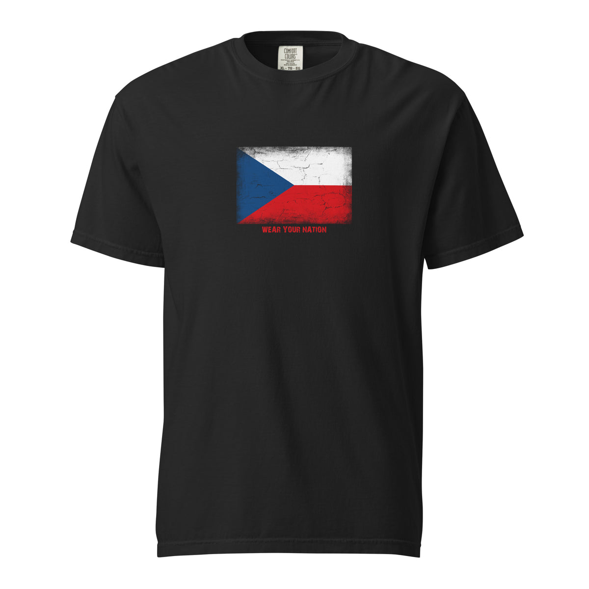 Czechia flag t-shirt in Black, vintage-washed print, large flag on the chest, unisex cut, front view