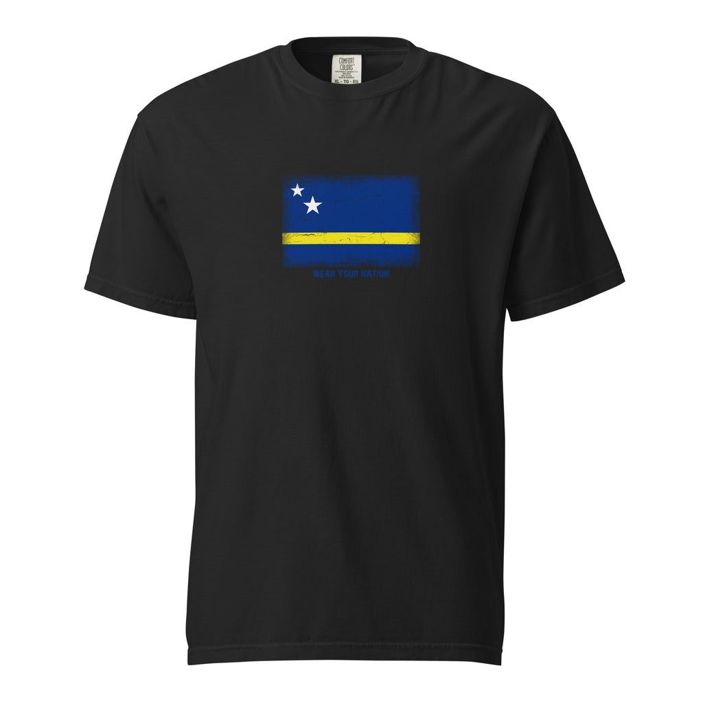 Curaçao flag t-shirt in Black, vintage-washed print, large flag on the chest, unisex cut, front view