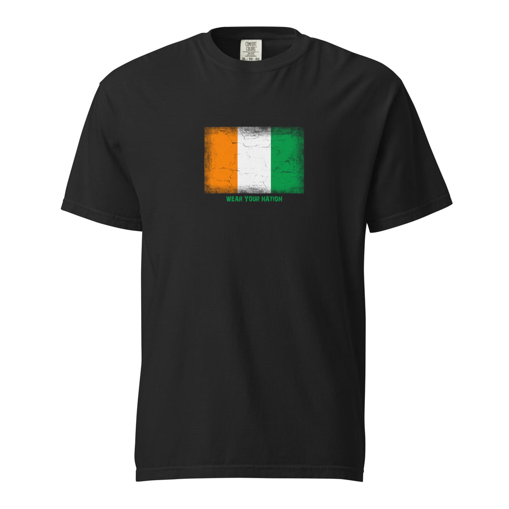 Côte d'Ivoire flag t-shirt in Black, vintage-washed print, large flag on the chest, unisex cut, front view
