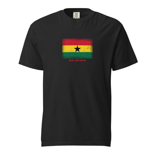 Ghana flag t-shirt in Black, vintage-washed print, large flag on the chest, unisex cut, front view
