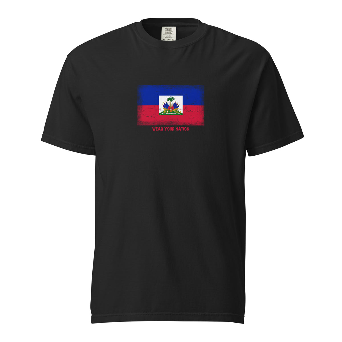 Haiti flag t-shirt in Black, vintage-washed print, large flag on the chest, unisex cut, front view
