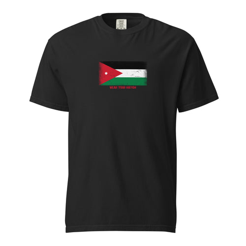 Jordan flag t-shirt in Black, vintage-washed print, large flag on the chest, unisex cut, front view