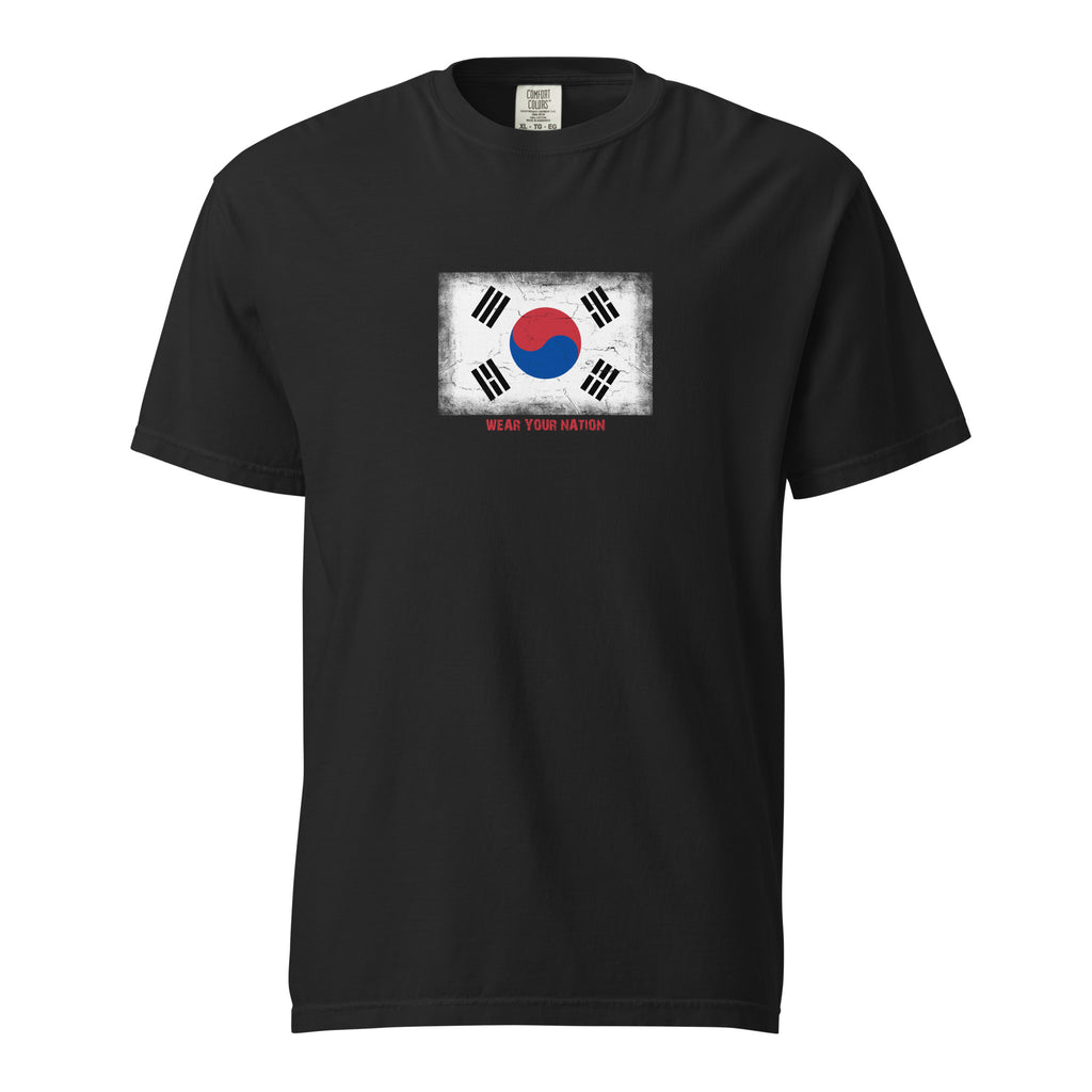 South Korea flag t-shirt in Black, vintage-washed print, large flag on the chest, unisex cut, front view