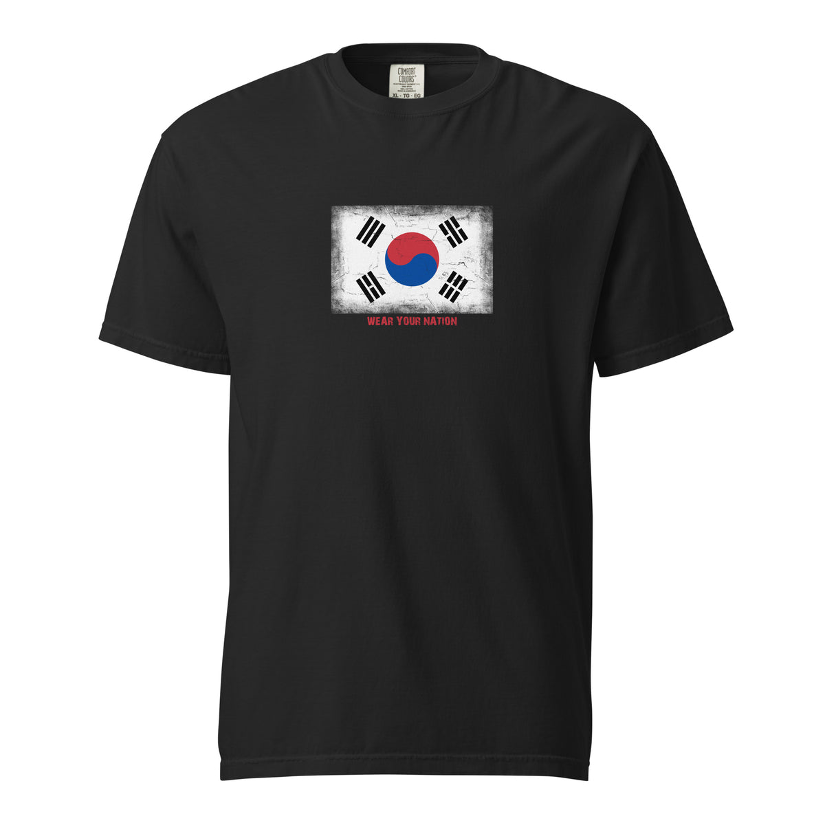 South Korea flag t-shirt in Black, vintage-washed print, large flag on the chest, unisex cut, front view