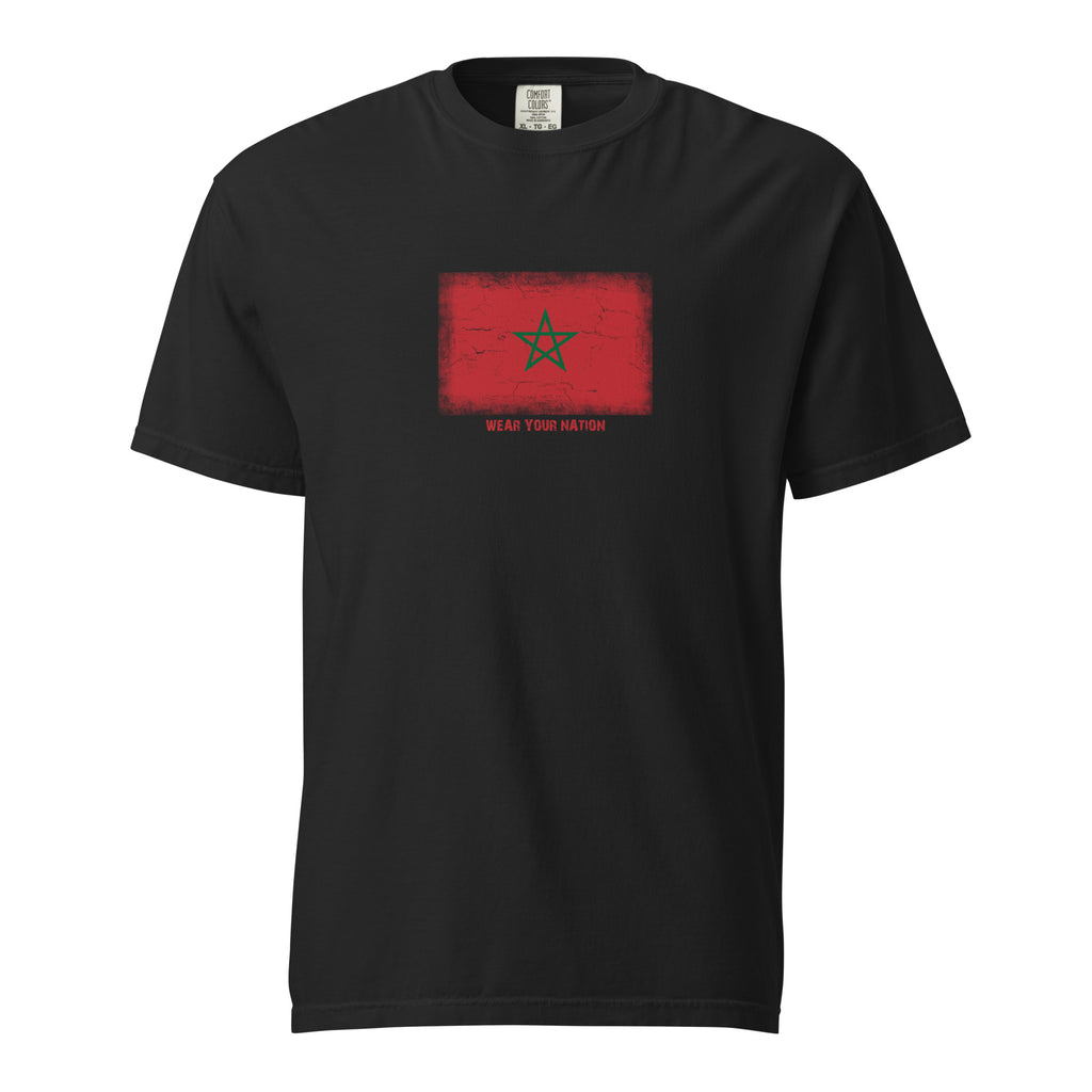 Morocco flag t-shirt in Black, vintage-washed print, large flag on the chest, unisex cut, front view