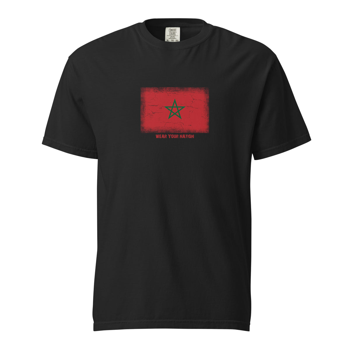 Morocco flag t-shirt in Black, vintage-washed print, large flag on the chest, unisex cut, front view