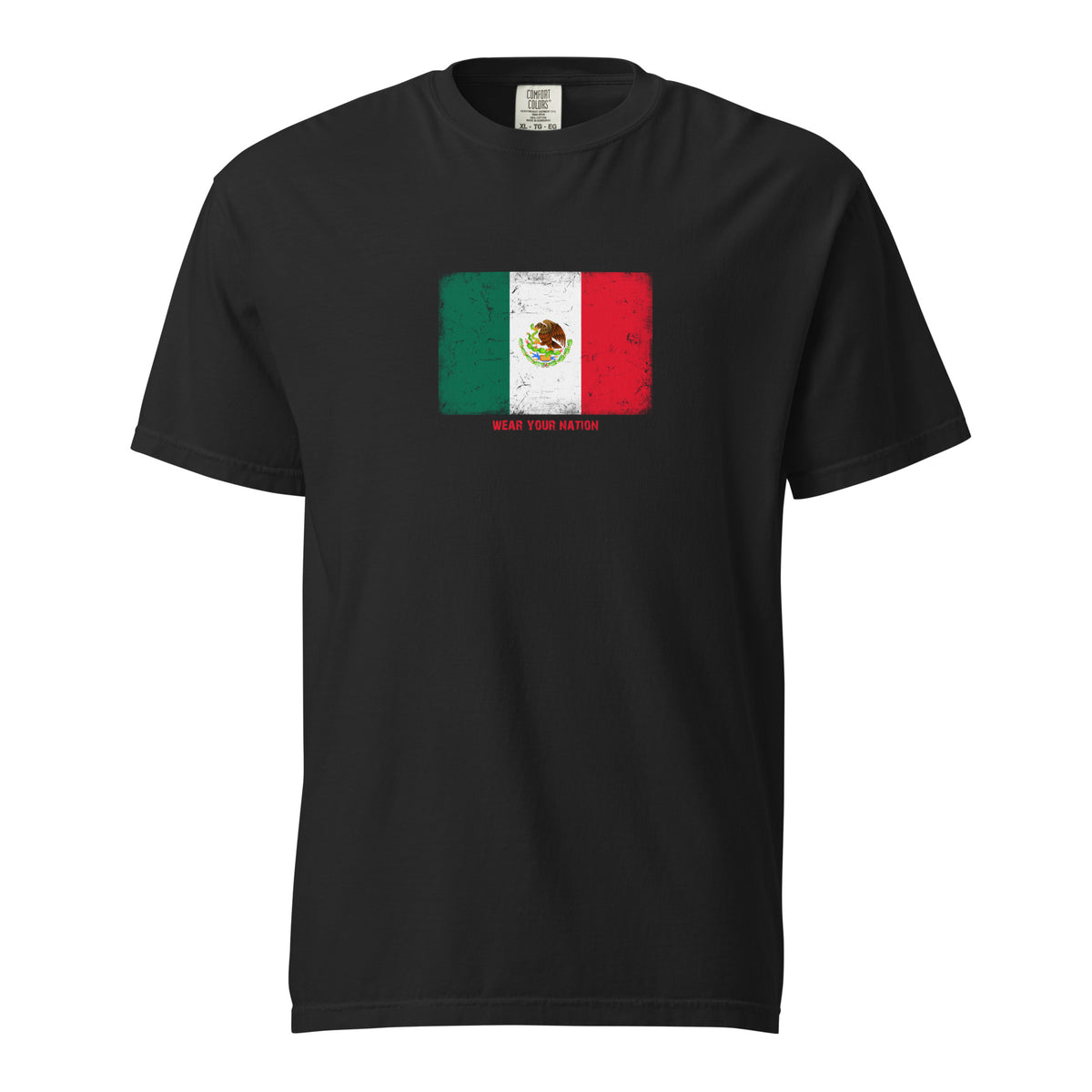 Mexico flag t-shirt in Black, vintage-washed print, large flag on the chest, unisex cut, front view