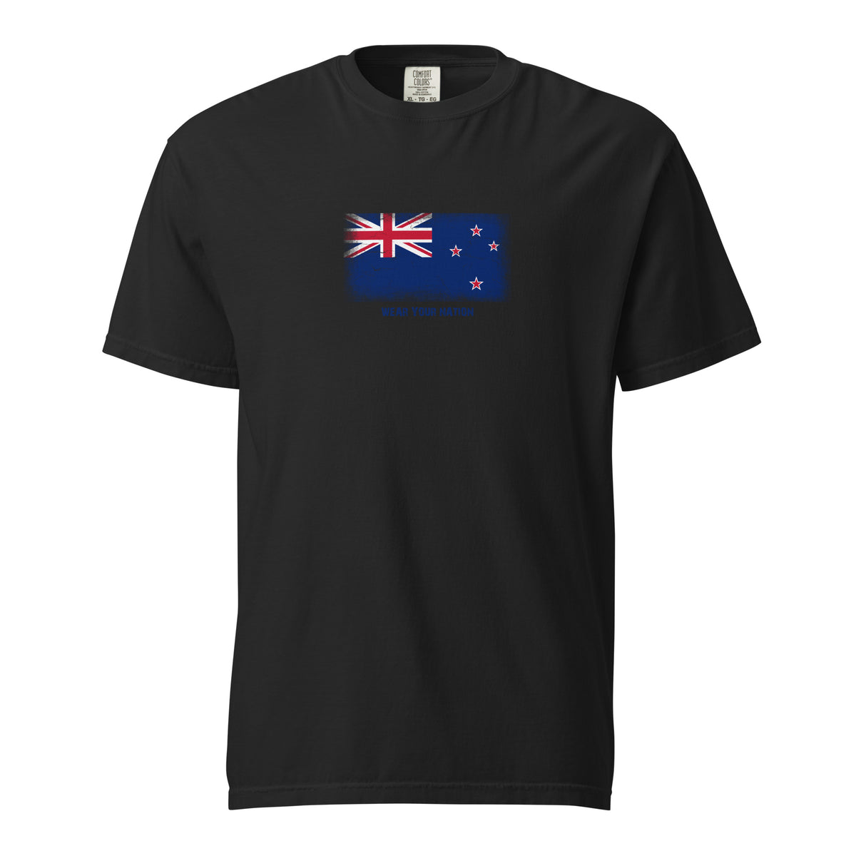 New Zealand flag t-shirt in Black, vintage-washed print, large flag on the chest, unisex cut, front view