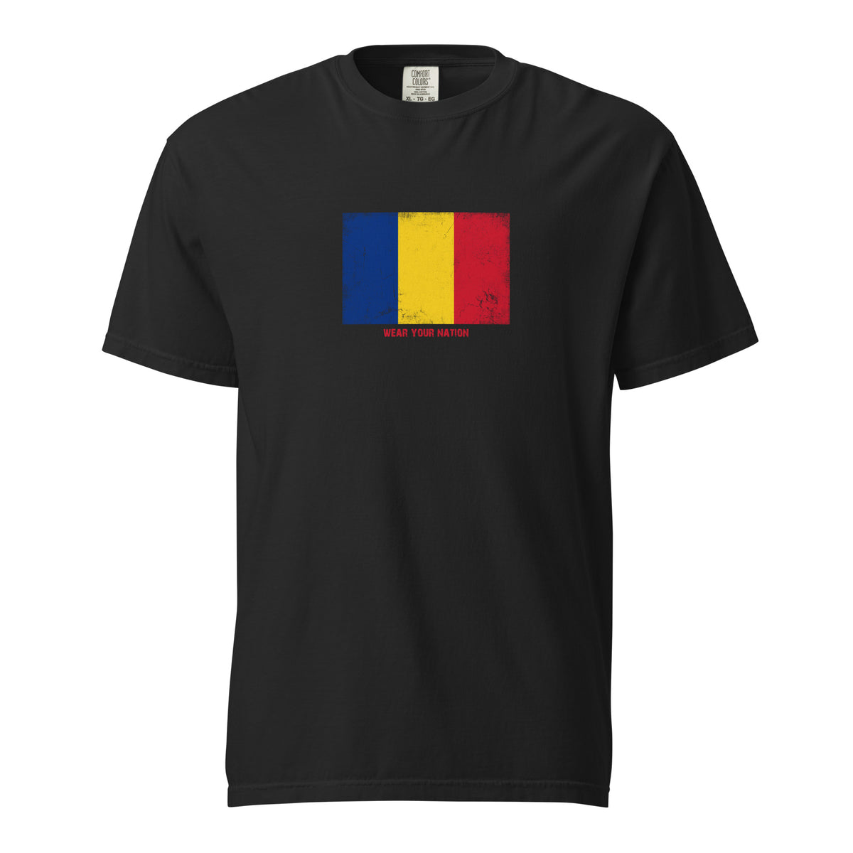Romania flag t-shirt in Black, vintage-washed print, large flag on the chest, unisex cut, front view