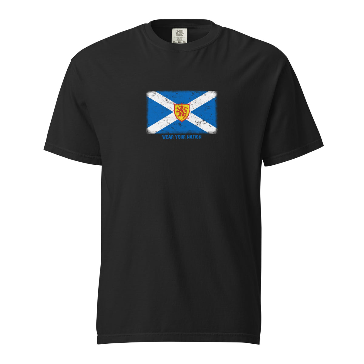 Scotland flag t-shirt in Black, vintage-washed print, large flag on the chest, unisex cut, front view