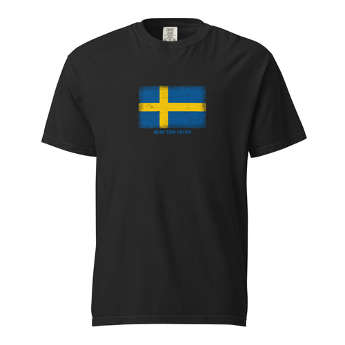 Sweden flag t-shirt in Black, vintage-washed print, large flag on the chest, unisex cut, front view