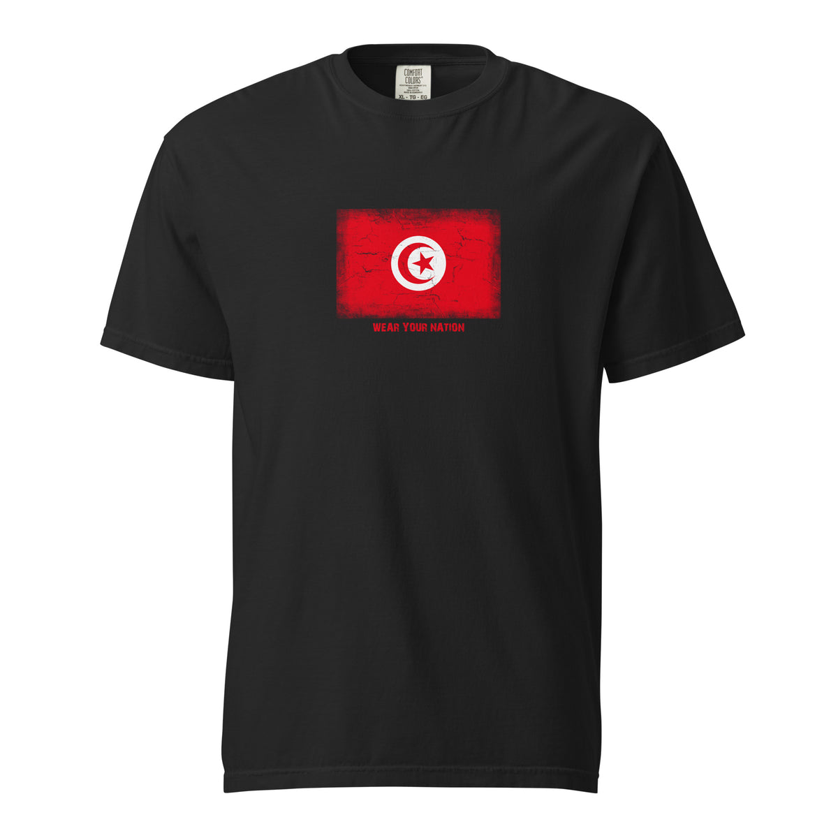 Tunisia flag t-shirt in Black, vintage-washed print, large flag on the chest, unisex cut, front view