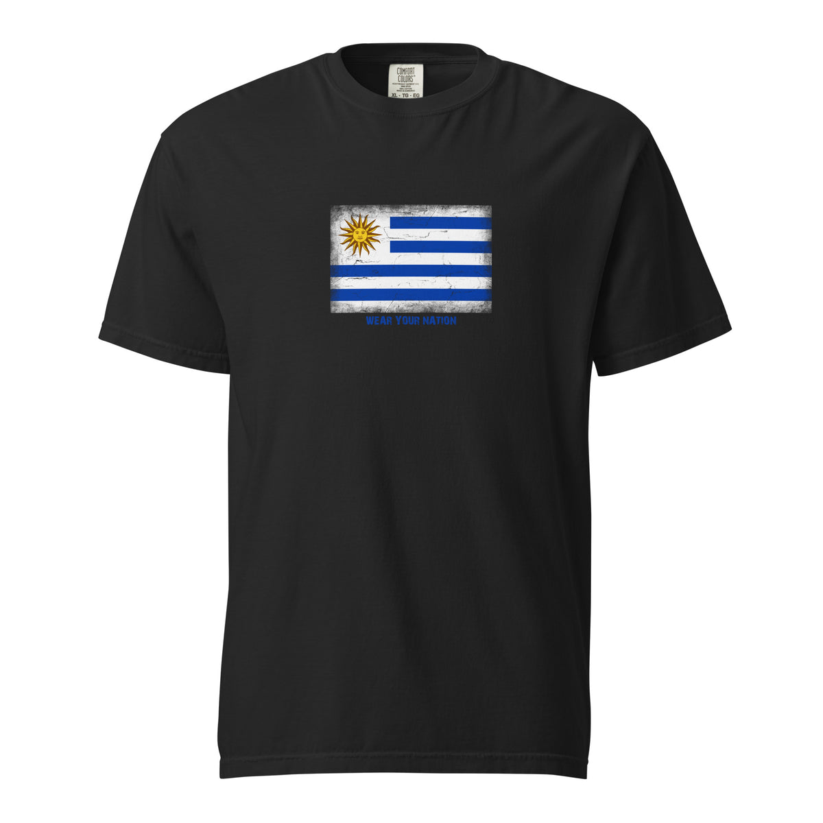 Uruguay flag t-shirt in Black, vintage-washed print, large flag on the chest, unisex cut, front view