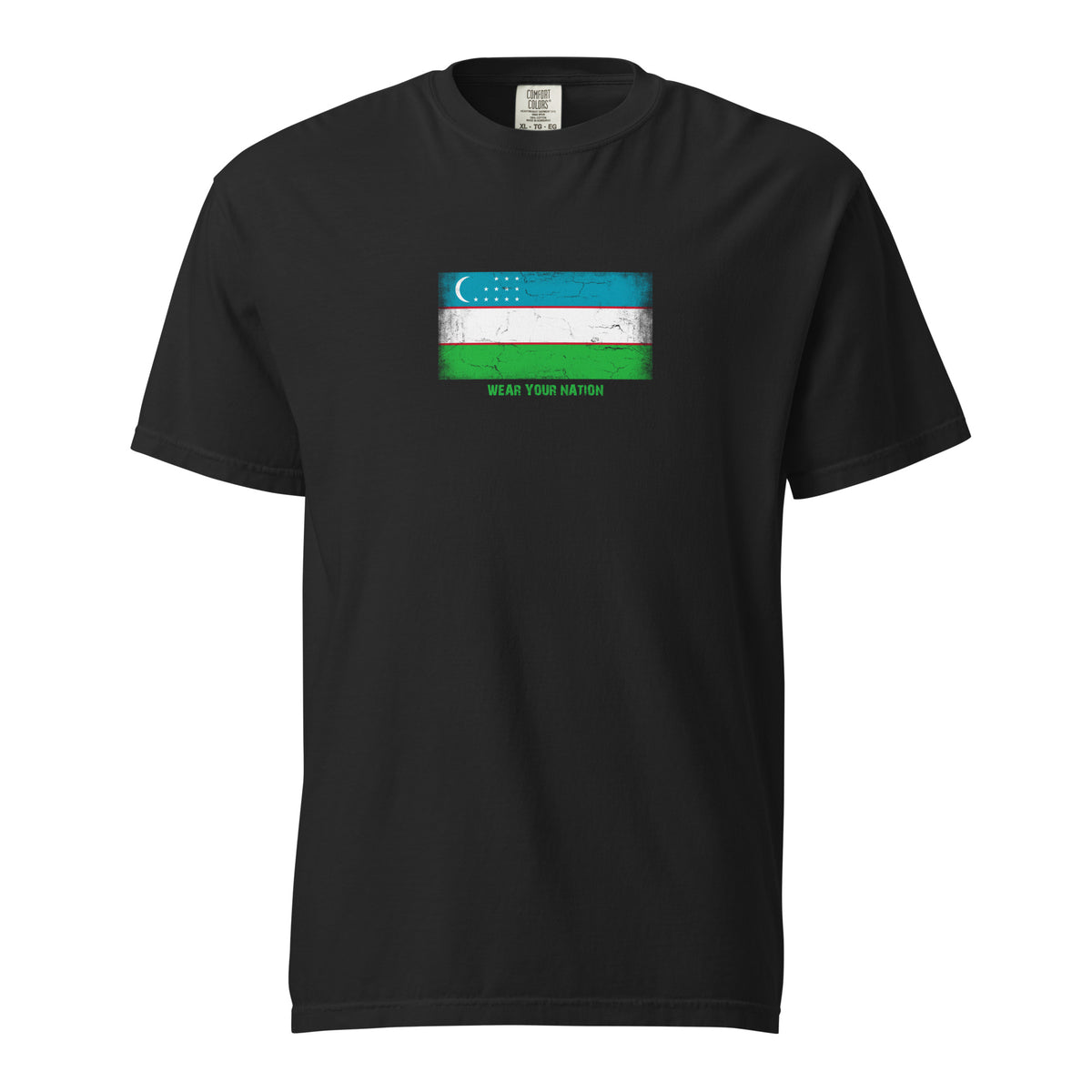 Uzbekistan flag t-shirt in Black, vintage-washed print, large flag on the chest, unisex cut, front view