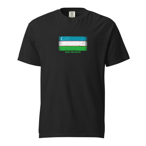 Uzbekistan flag t-shirt in Black, vintage-washed print, large flag on the chest, unisex cut, front view