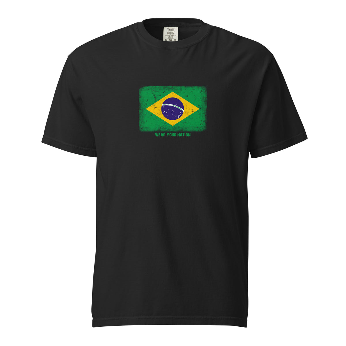 Brasil flag t-shirt in Black, vintage-washed print, large flag on the chest, unisex cut, front view