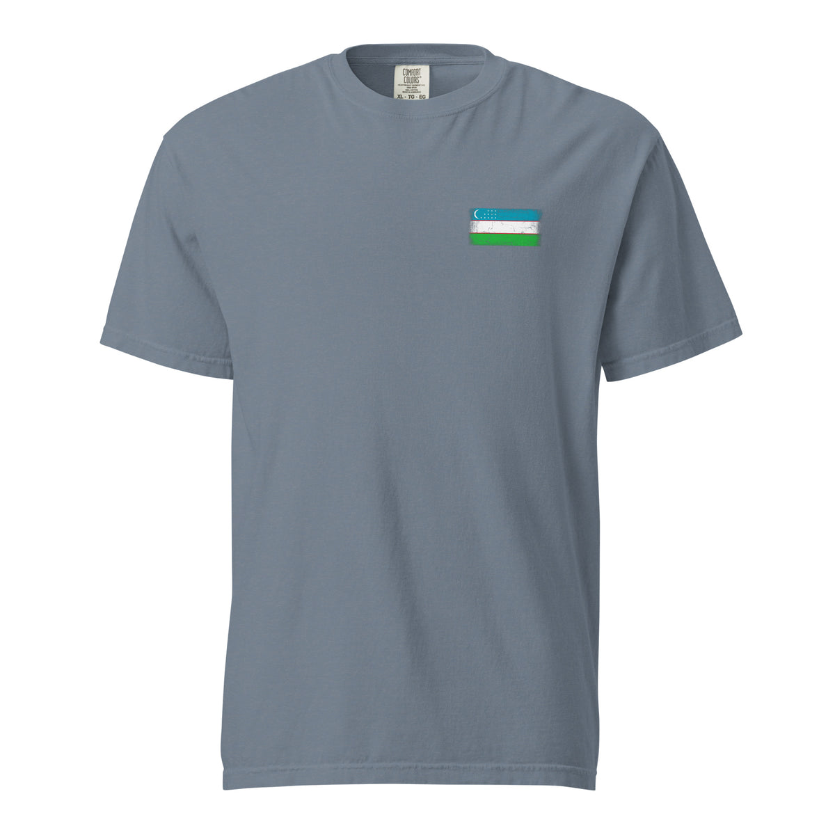 Uzbekistan flag t-shirt in Blue Jean, vintage-washed print, small flag on the left chest, unisex cut, front view