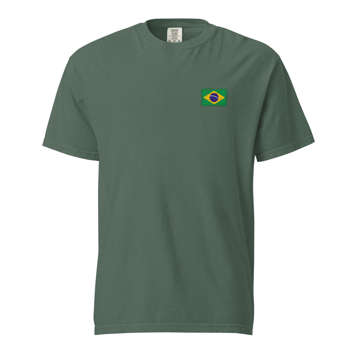 Brasil flag t-shirt in Blue Spruce, vintage-washed print, small flag on the left chest, unisex cut, front view