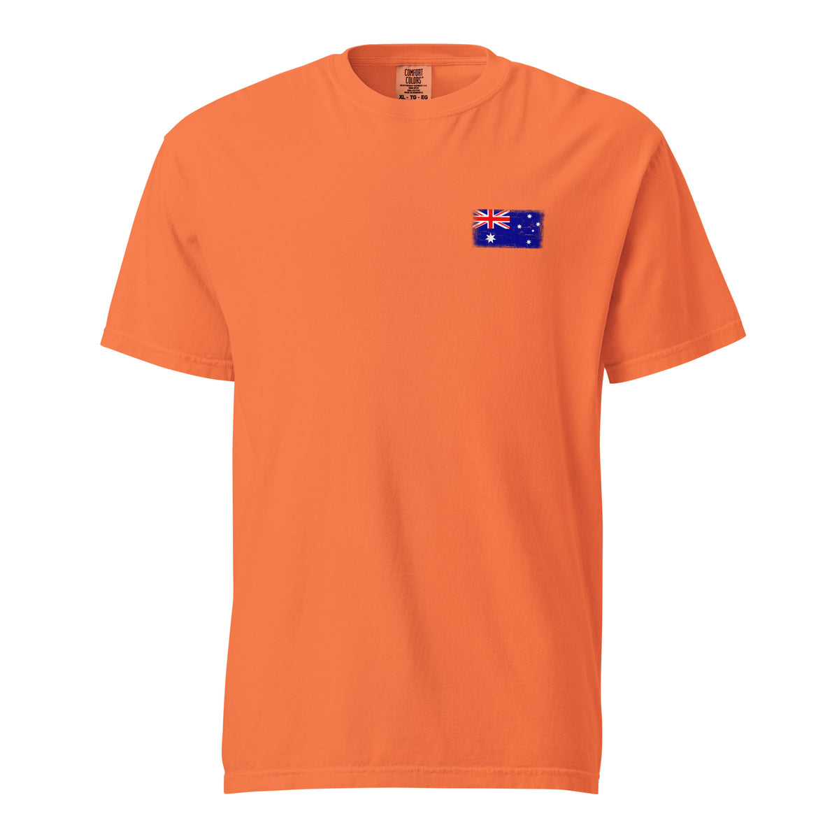 Australia flag t-shirt in Burnt Orange, vintage-washed print, small flag on the left chest, unisex cut, front view