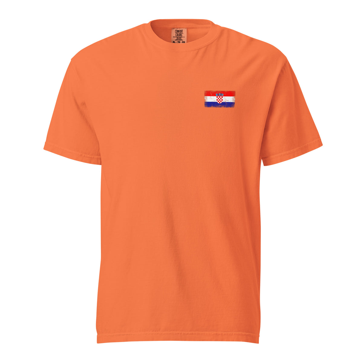 Croatia flag t-shirt in Burnt Orange, vintage-washed print, small flag on the left chest, unisex cut, front view